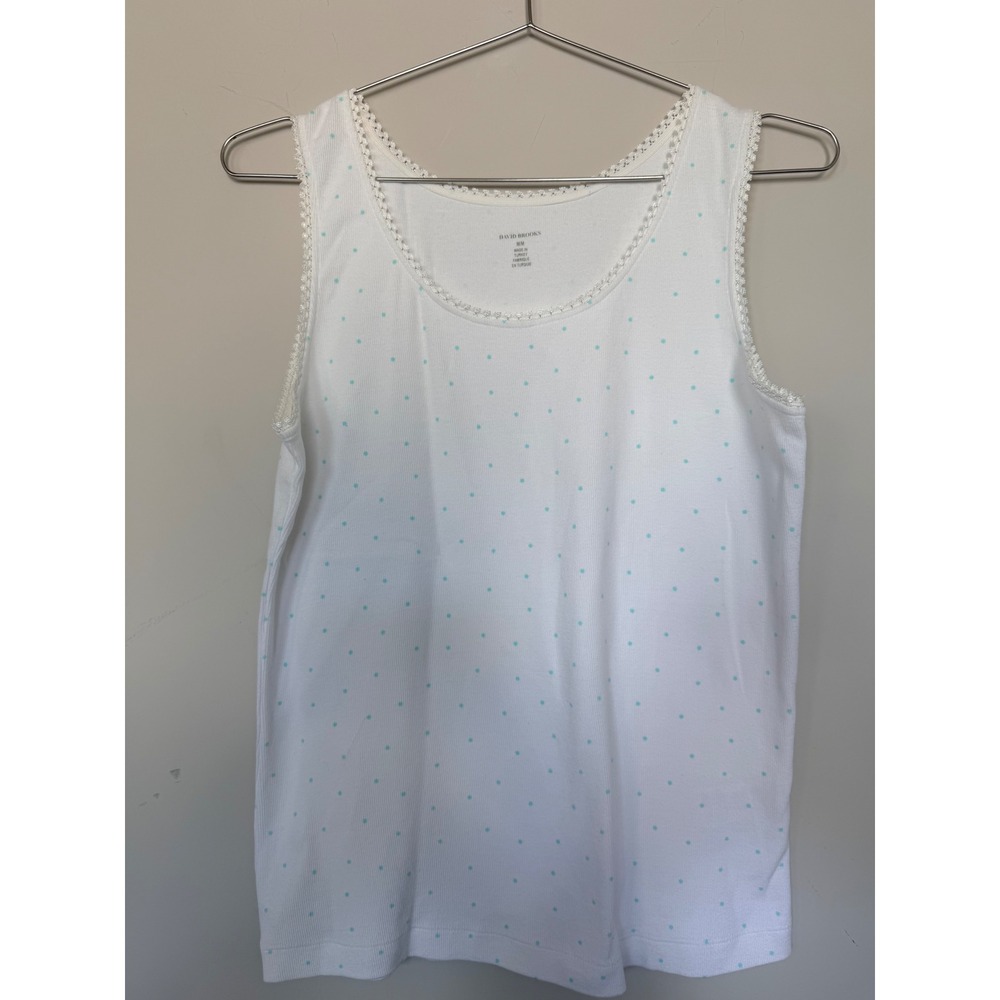 David Brooks Womens White Blue Polka Dot Lace Trim Ribbed Tank Top Medium
